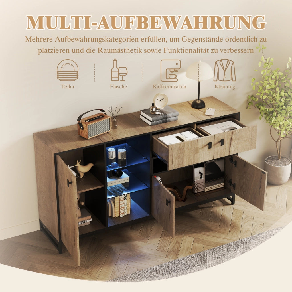 Credenza con 2 ante; ripiano regolabile e illuminazione LED - per soggiorno - 160×40×84.5 cm - naturale