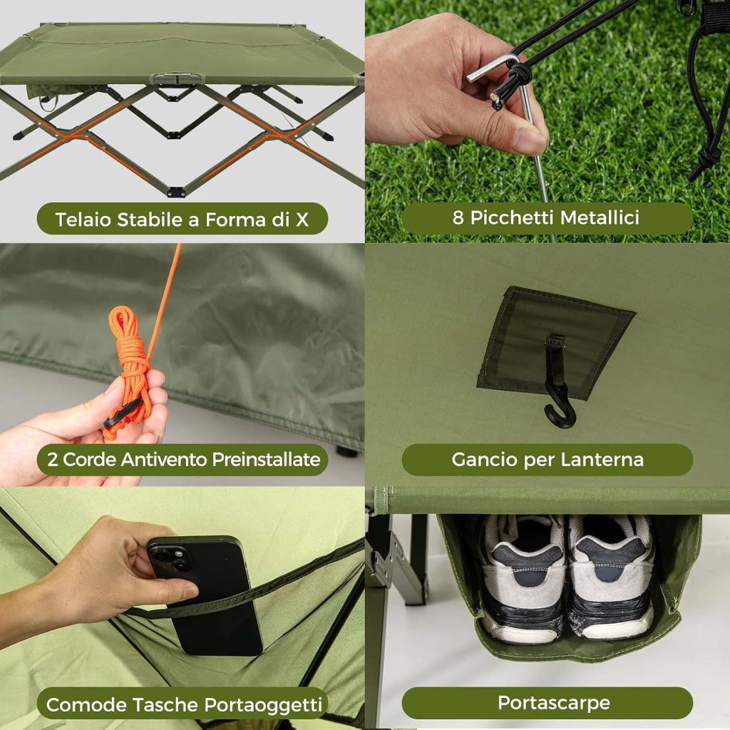 Tenda da Campeggio per 2 Persone, Tenda Impermeabile e Pieghevole con Tenda Pop-up, Letto da Campeggio, Borsa con Ruote, Telo Antipioggia, 2 Porte a Rete e Finestre per Spiaggia e Campeggio