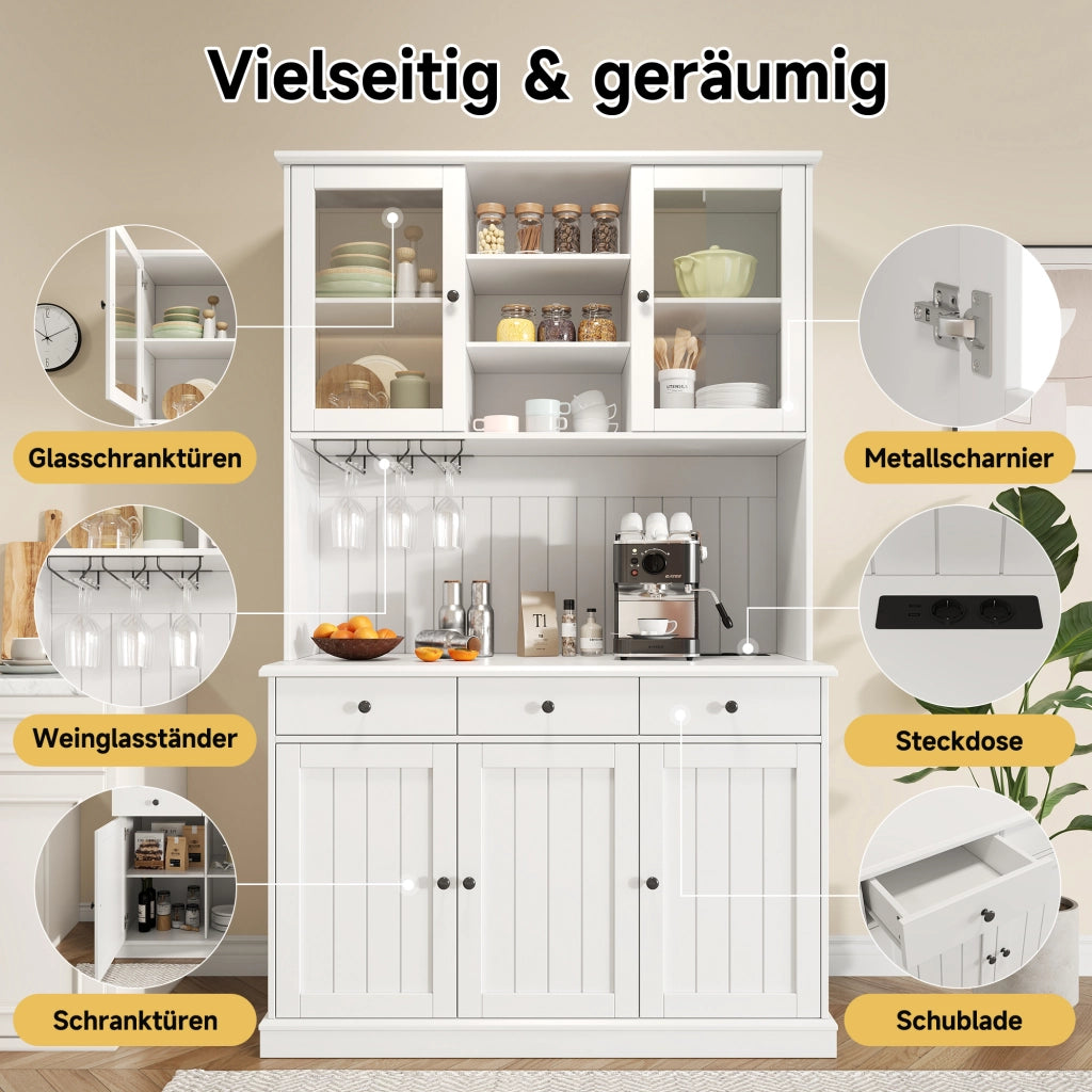 Credenza alta con 2 Ante in vetro; 1 Cassetto; Ripiani Regolabili e Prese USB; in MDF; 120 x 40 x 191 cm; Bianco