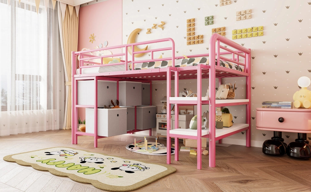 DESMIU Letto a soppalco per bambini 1 posto con scala larga, cassetti e ripiani, 90 × 200 cm, senza materasso, rosa