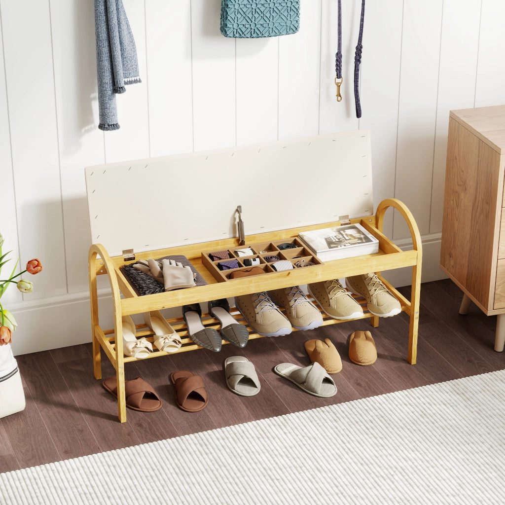 Panca per scarpe in bambù con coperchio ribalta scomparto nascosto-Panca da ingresso con seduta maniglie soggiorno Beige