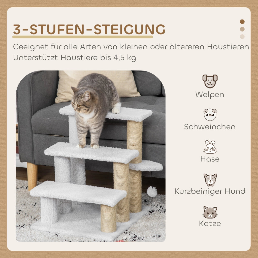 Scaletta per gatti 3 gradini con palo tiragraffi e palla ¨C zephmum ¨C 45x40x48 cm bianco