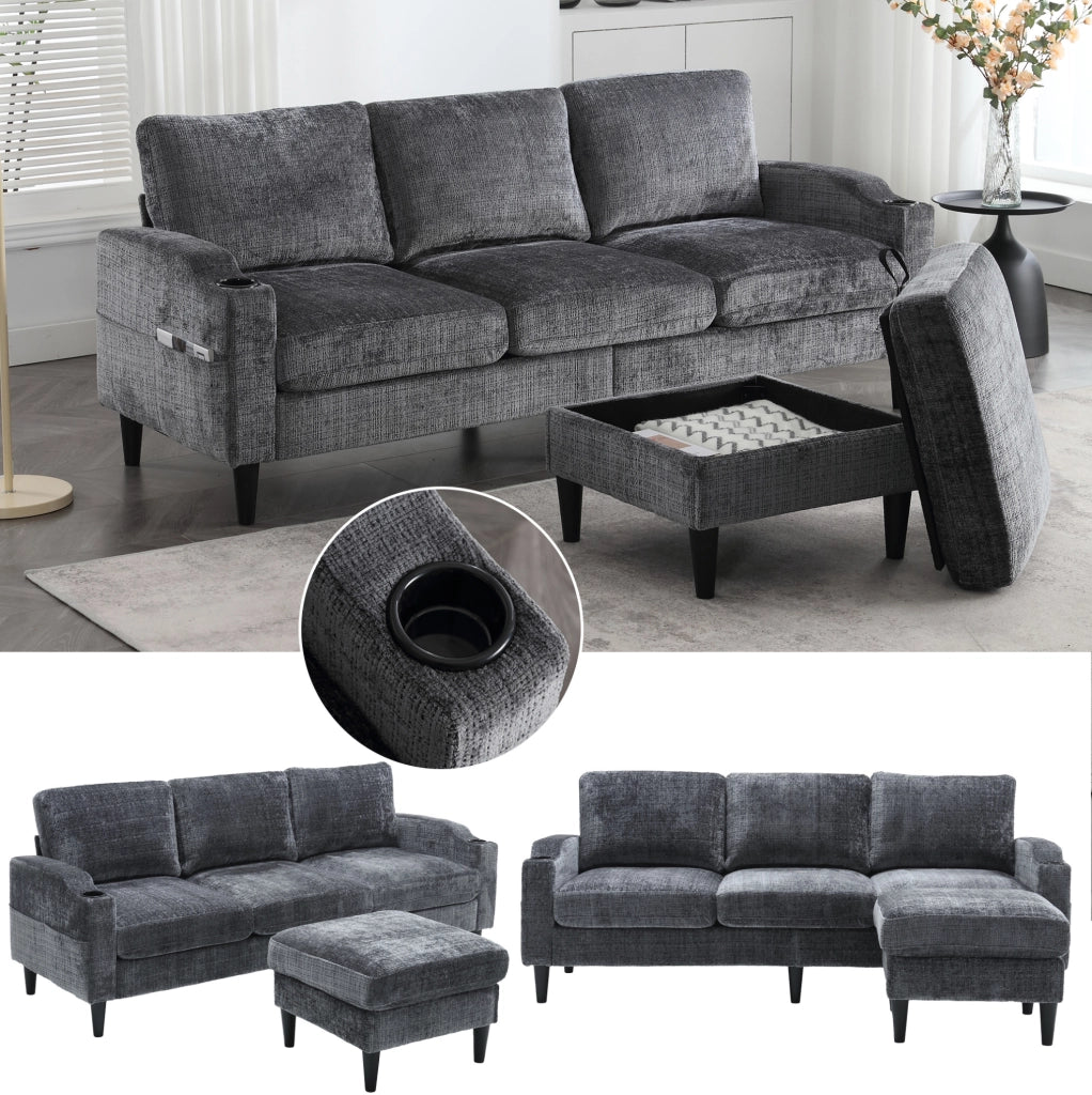 Divano 4 posti in ciniglia grigio con pouf contenitore
