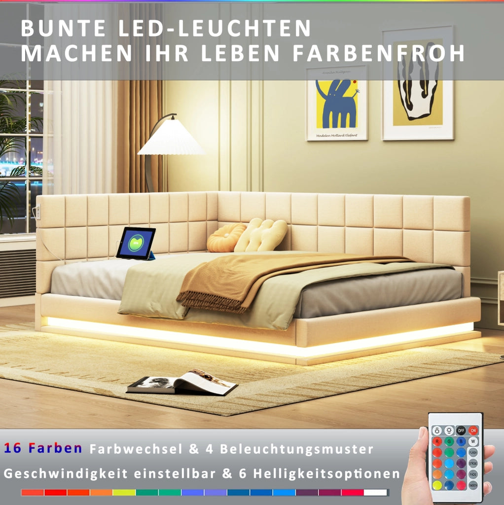 Divano letto imbottito 140x200 cm in lino beige con LED; presa USB e rete a doghe