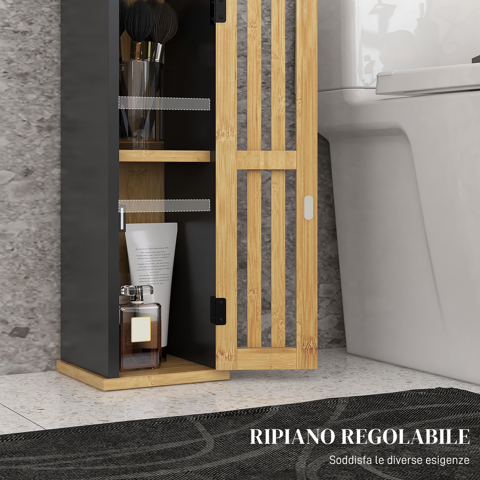 Mobiletto Bagno con Ripiano Aperto e Armadietto 18x18x75 cm in Bambù e MDF Nero e Color Legno