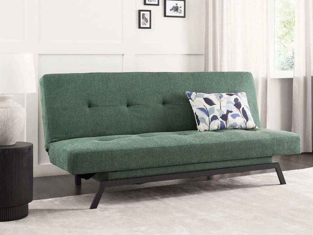 Divano Letto Rivestimento Tessuto Verde Patchwork Multicolore 3 Posti Meccanismo Click Clack