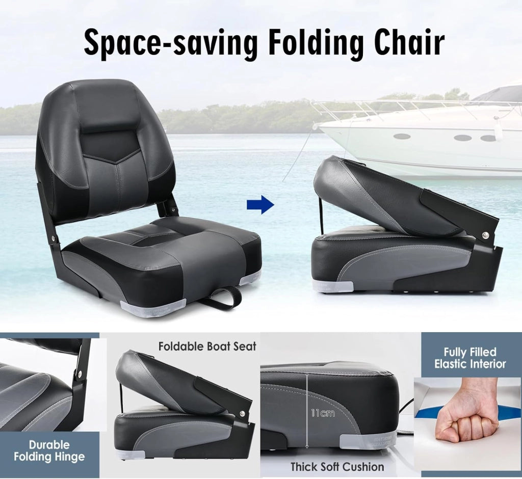 2 pezzi sedile barca accessori per barche con schienale ribaltabile, sedia da barca ergonomica in PVC e PP, capacità di carico fino a 110 kg, 50 x 52 x 42 cm (nero)