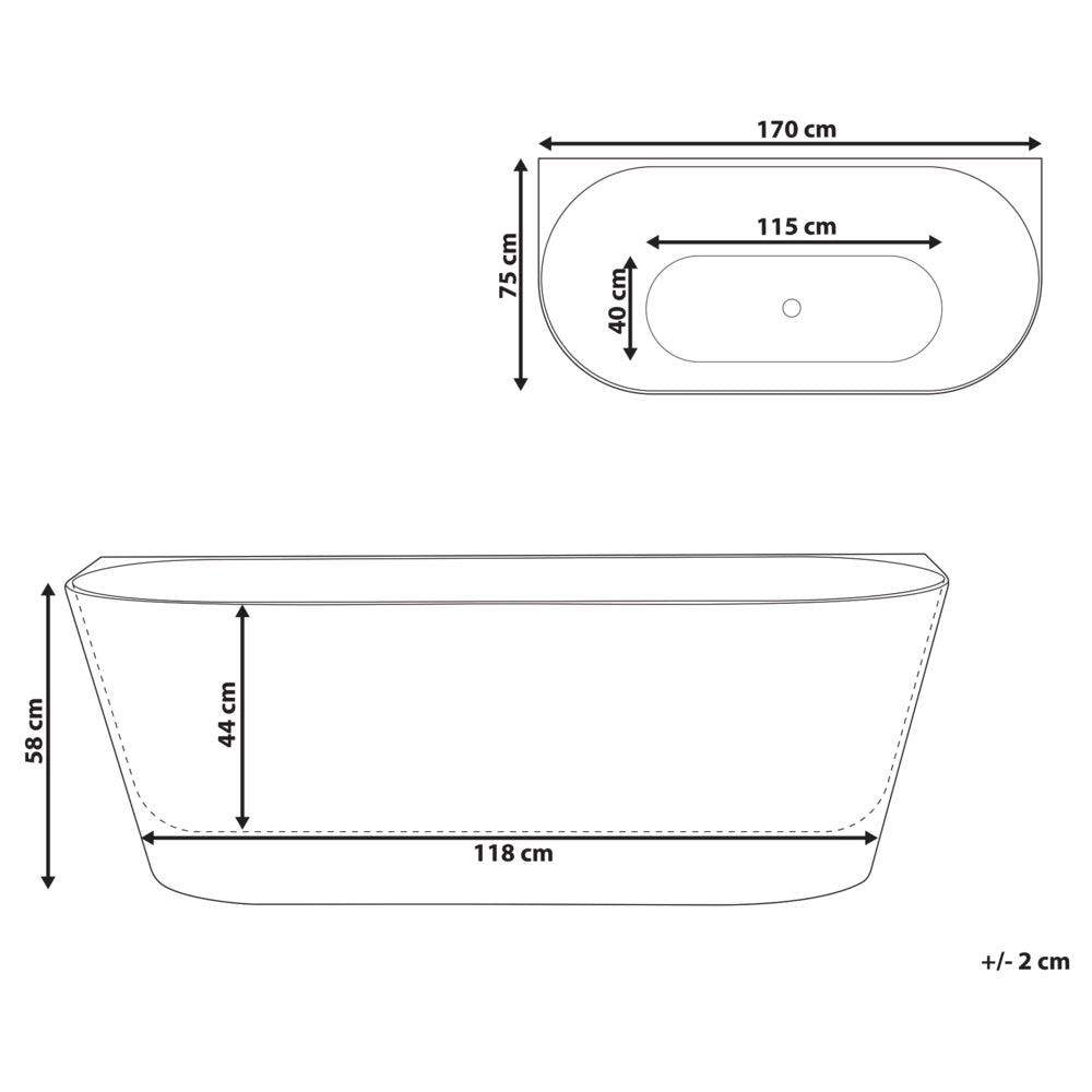 Vasca da bagno freestanding in acrilico design moderno con bordi scanalati 170 cm bianca