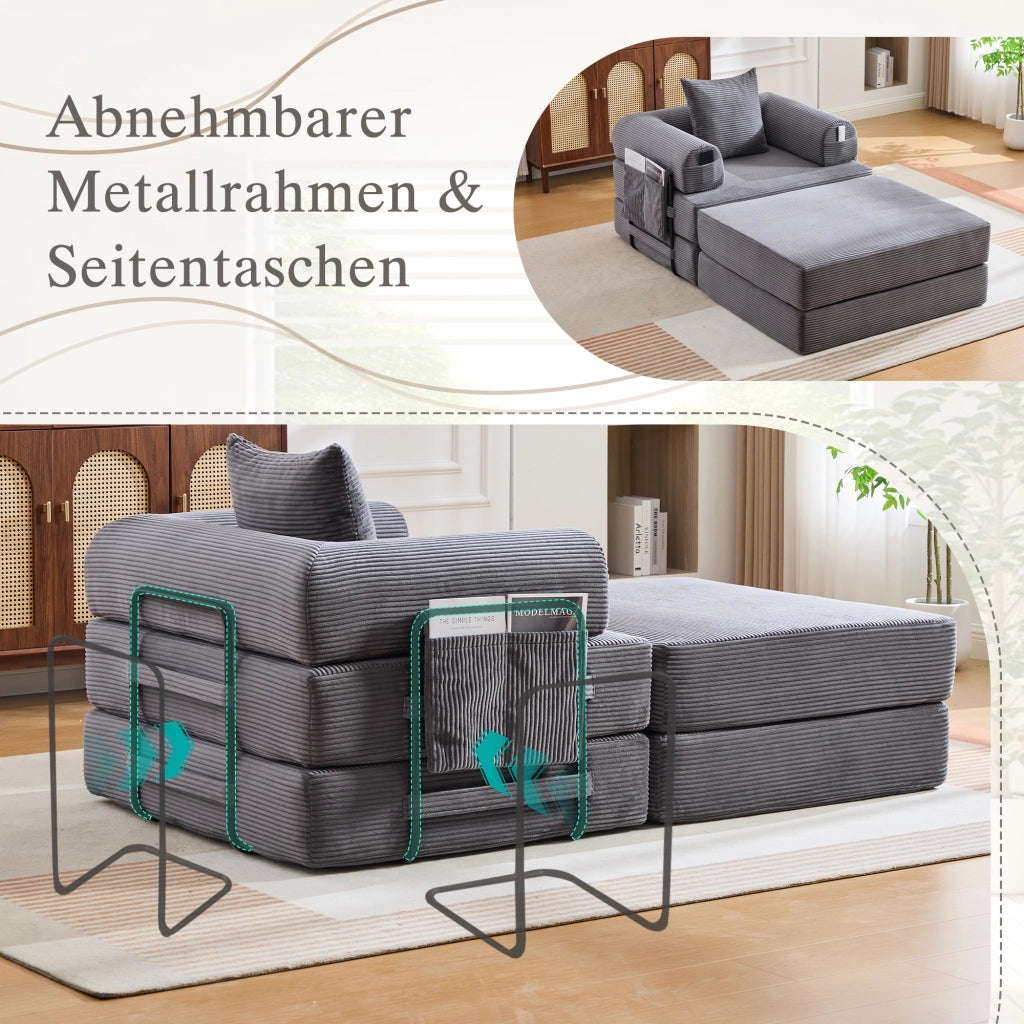 DIVANO modulare 112x190x67 cm in corduroy grigio scuro con pouf e cuscino
