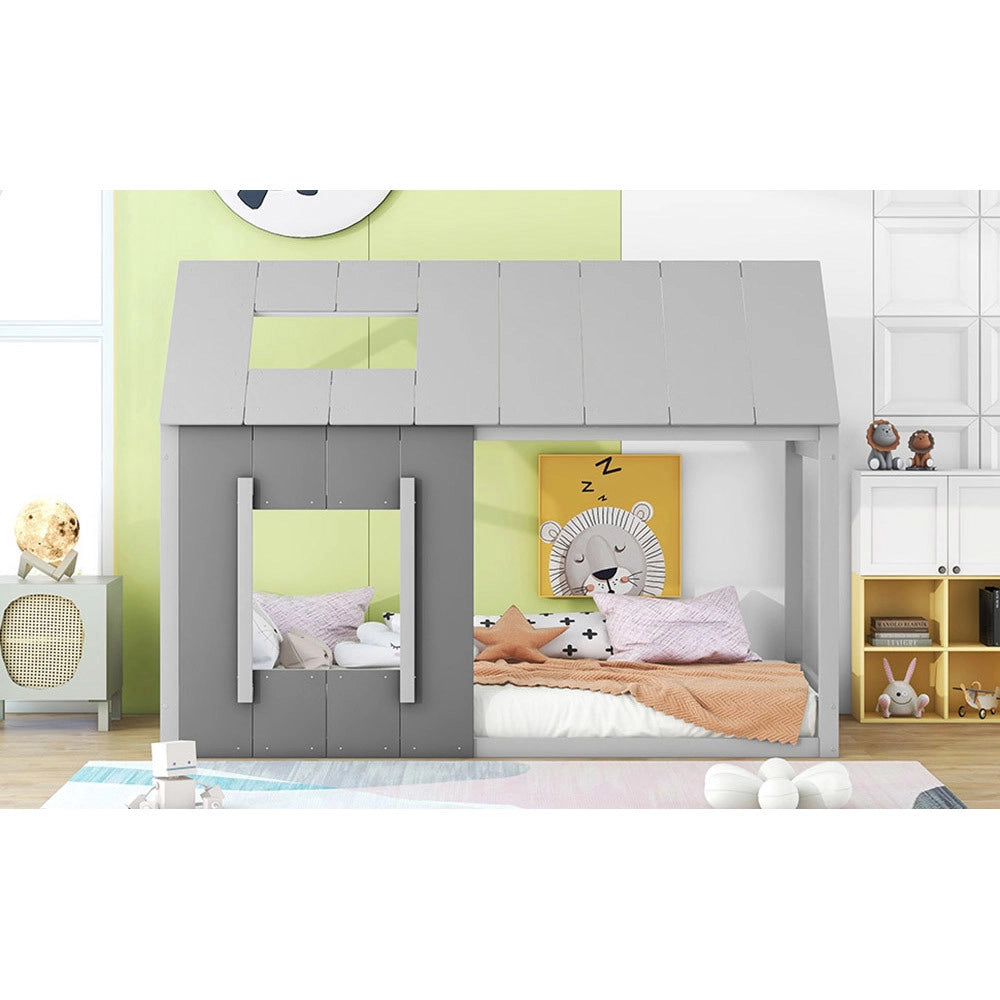 Letto a castello per bambini - Xylo - 90x200 cm - Grigio - Forma casa con tetto e finestra