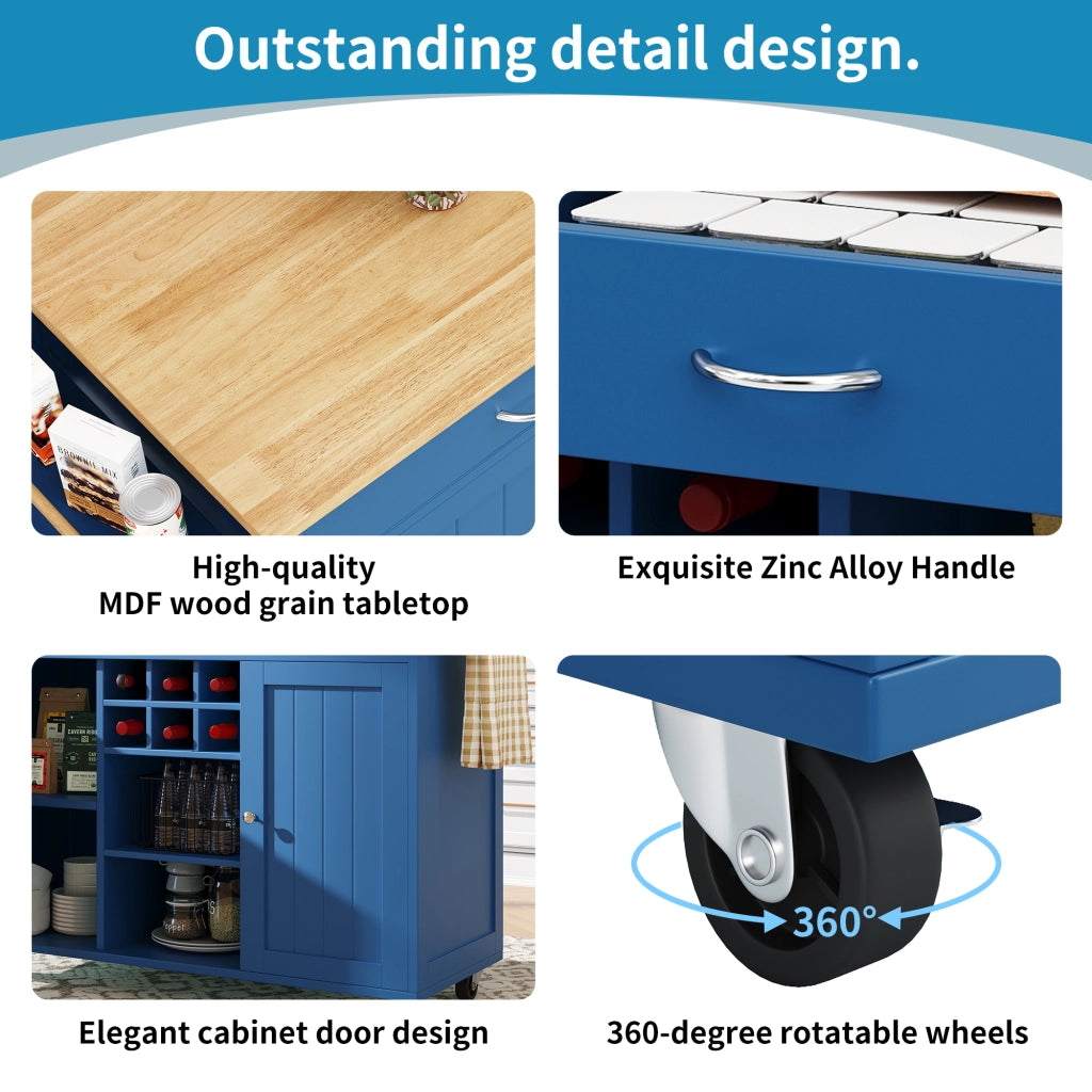 Carrello da Cucina con Ripiani Regolabili; Portabottiglie e Ruote con Freno; in MDF e Metallo; Blu; 102x45x92 cm