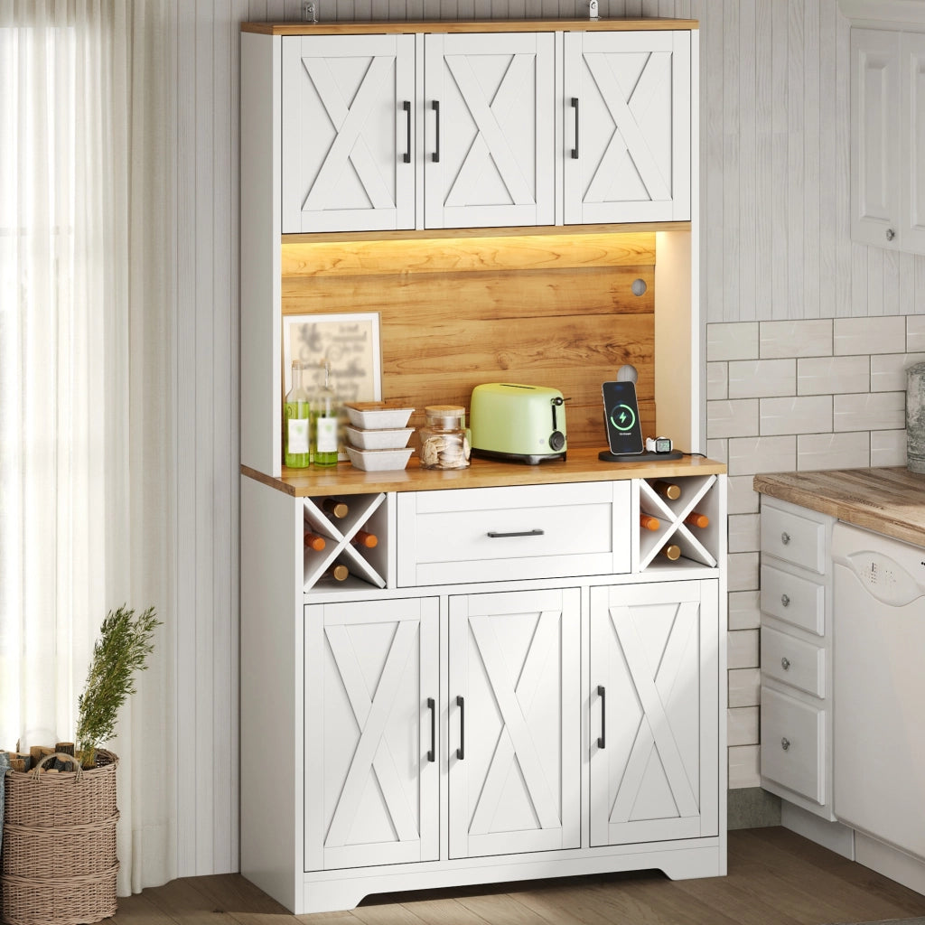 Dispensa alta con LED, portabottiglie estraibili, 1 cassetto e vani aperti, per cucina e soggiorno, 105 × 40 × 180 cm