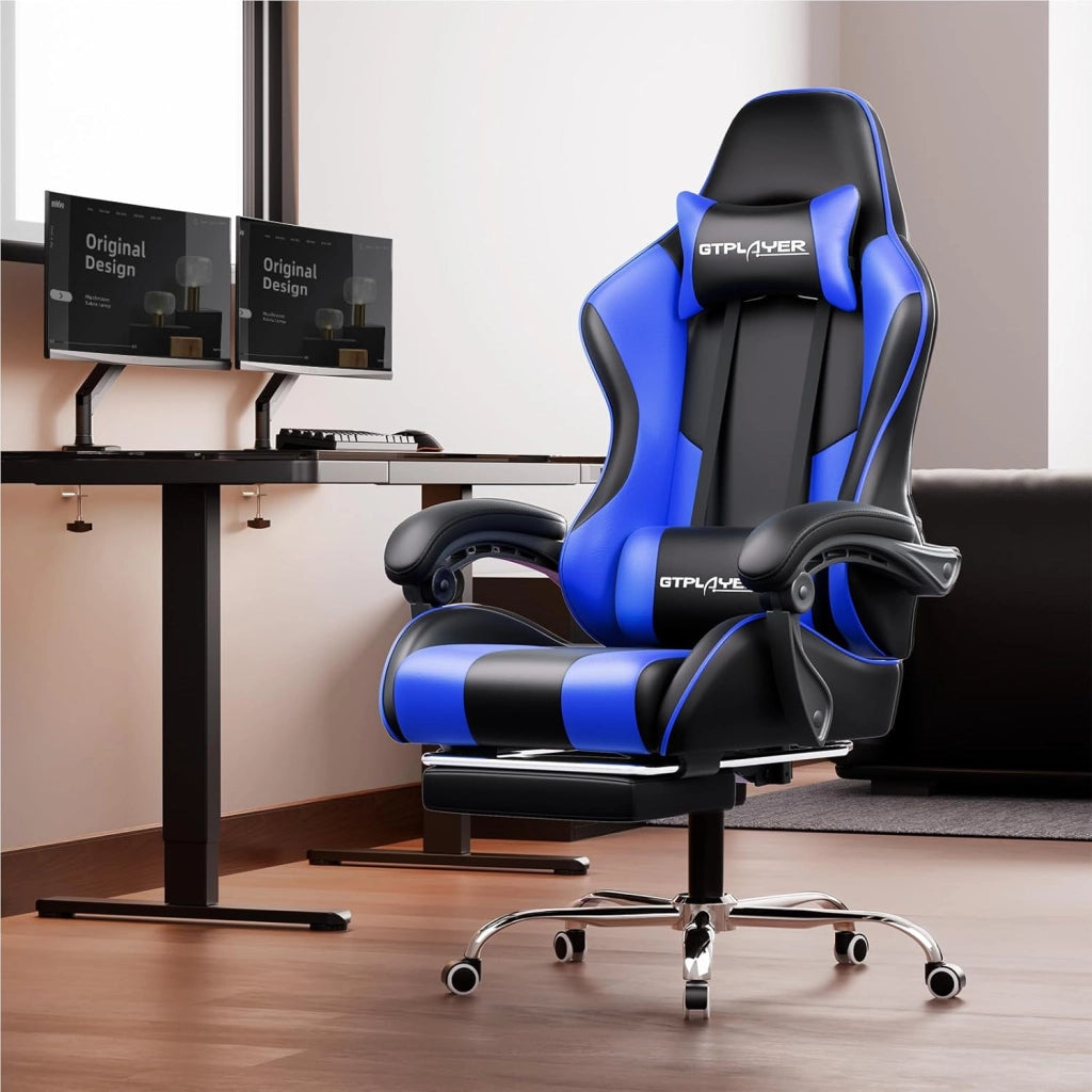 Sedia da Gaming Massaggiante ed Ergonomica con Schienale Regolabile, Poggiapiedi e Supporto Lombare - Reclinabile, Blu