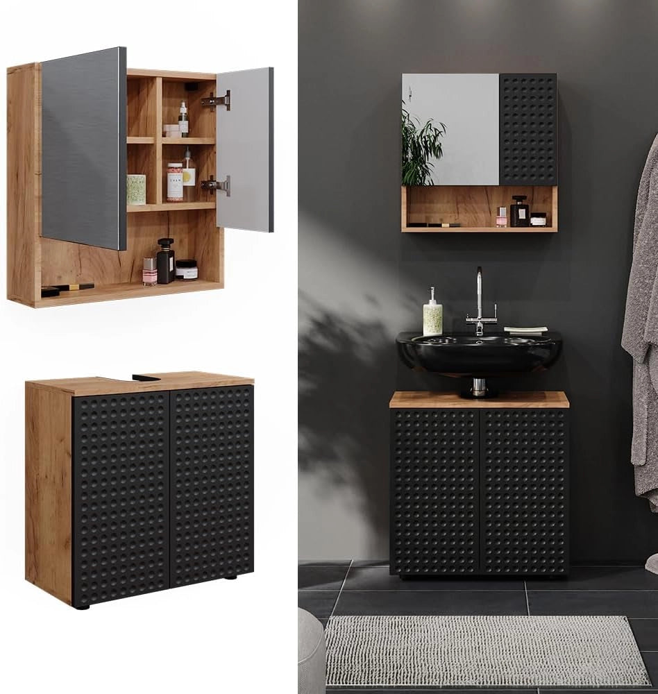 Set mobili bagno Irma, Antracite puntinato, 80 cm, composto da specchio da bagno e mobile sottolavabo