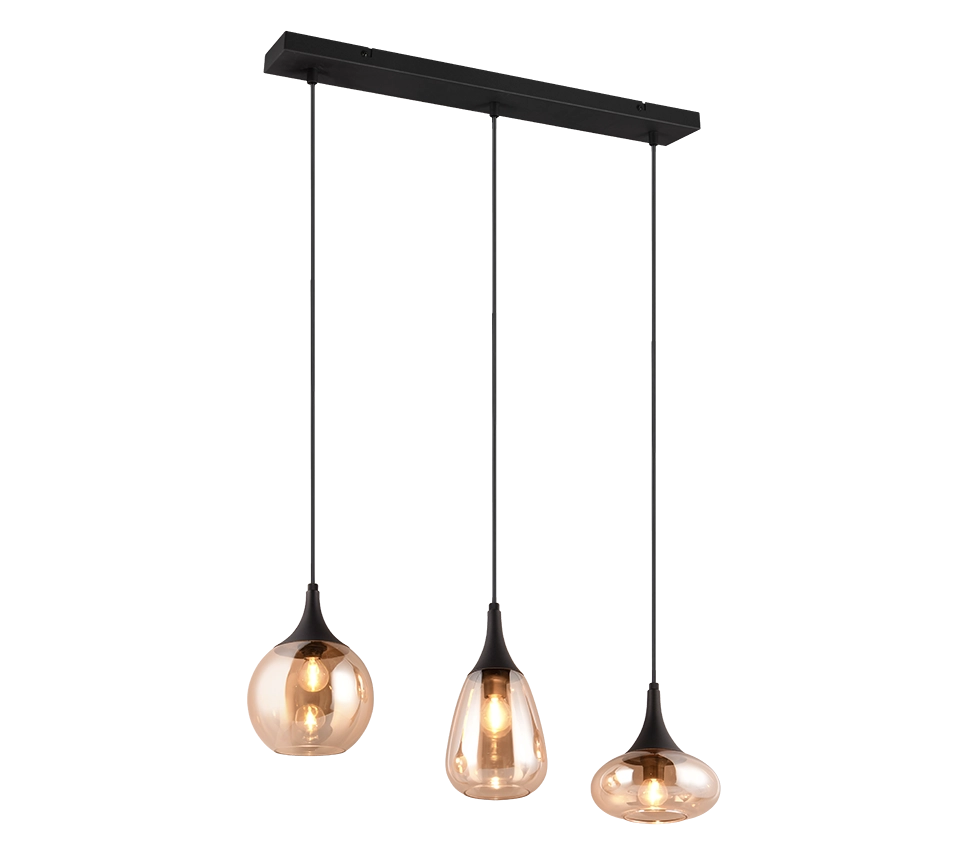 Lampada a sospensione 3 diffusori, metallo, nero e ambra, L 68 cm, Lumina
