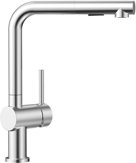 Uscita cucina rotativa 360° con 2 tipi di getto, miscelatore rotativo, maniglia unica, in acciaio inox liscio.