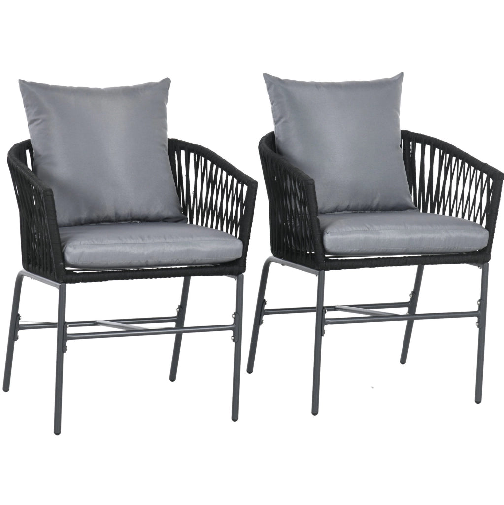 Coppia di sedie da giardino in stile boho con cuscini; struttura in acciaio nero; 57 x 60 x 71 cm