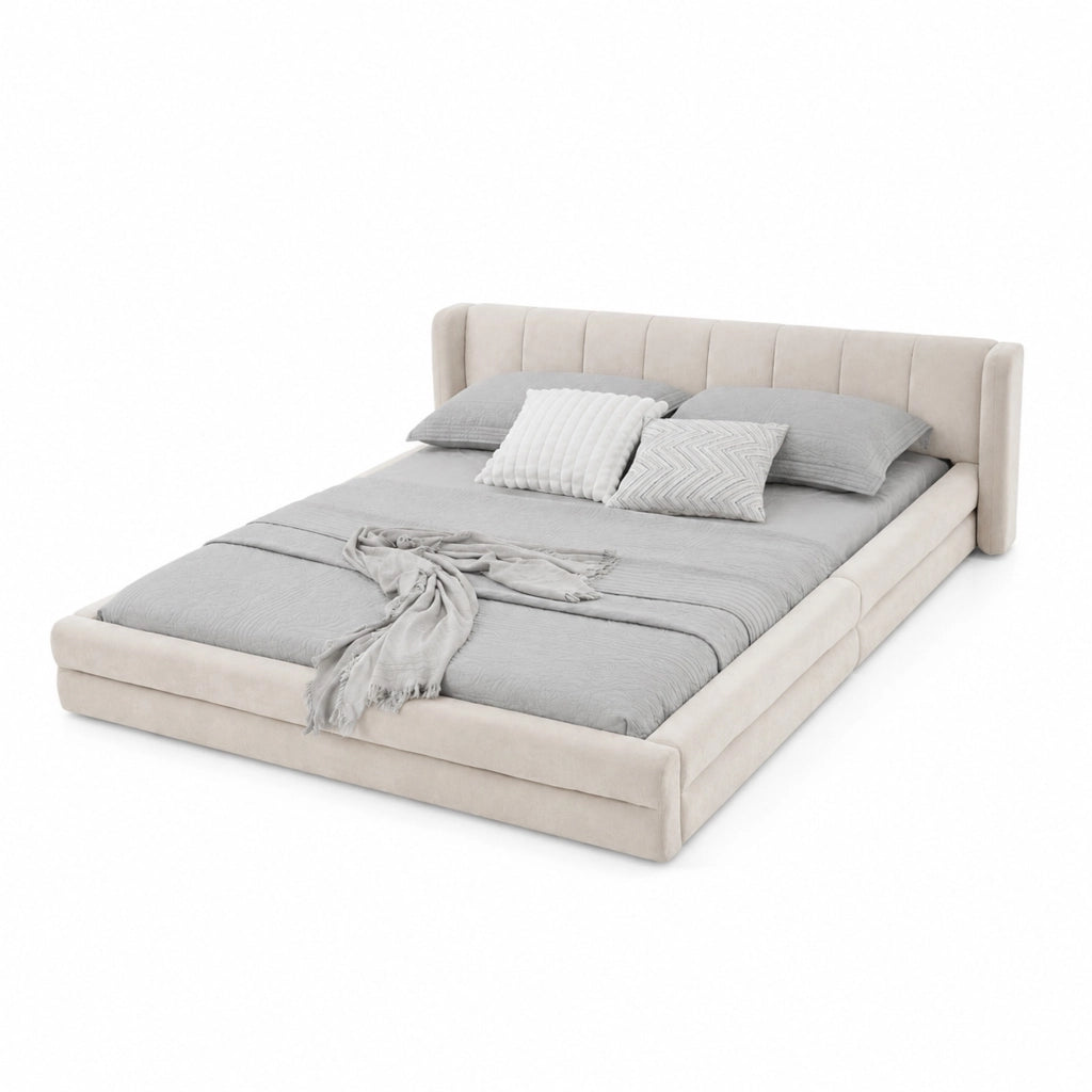 Letto matrimoniale imbottito 160x200 cm in ciniglia beige con testiera