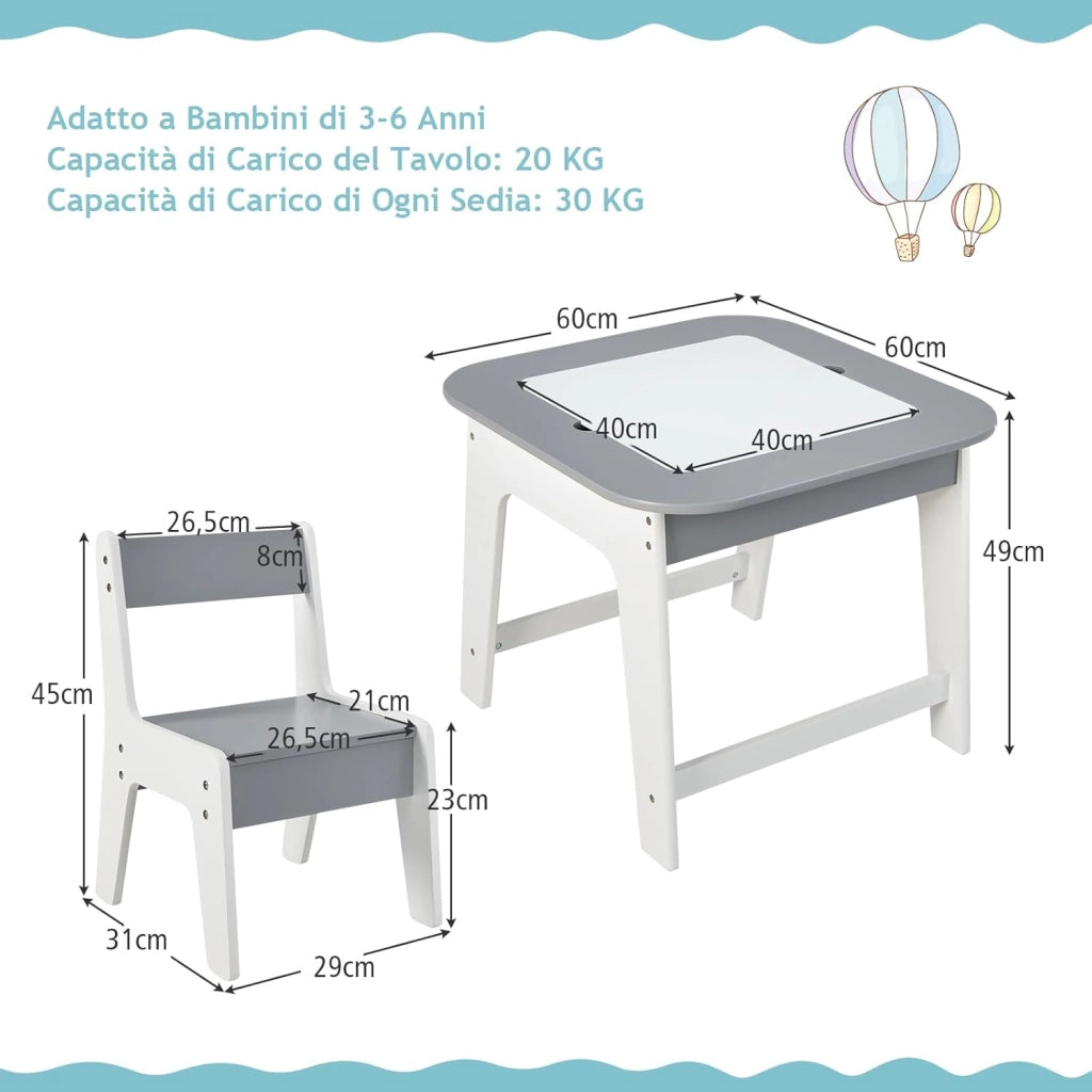 Set Tavolo e 2 Sedie per Bambini, con Lavagna Reversibile, Tavolo Multiattività con Vano Portaoggetti Nascosto e Sedie, per Bambini da 3-6 Anni, per Cameretta e Soggiorno (Grigio)