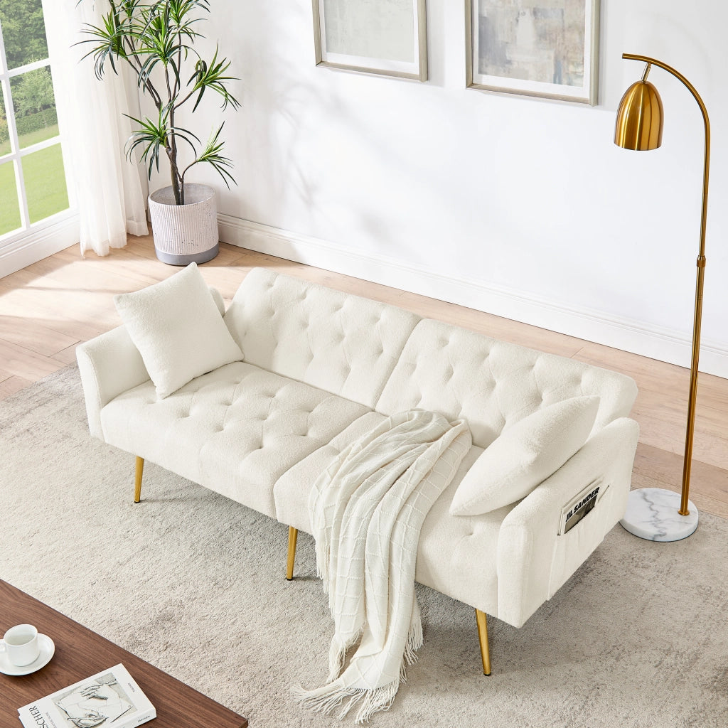 Divano a 2 posti con schienale regolabile a 3 posizioni, cuscini coordinati, in tessuto teddy beige