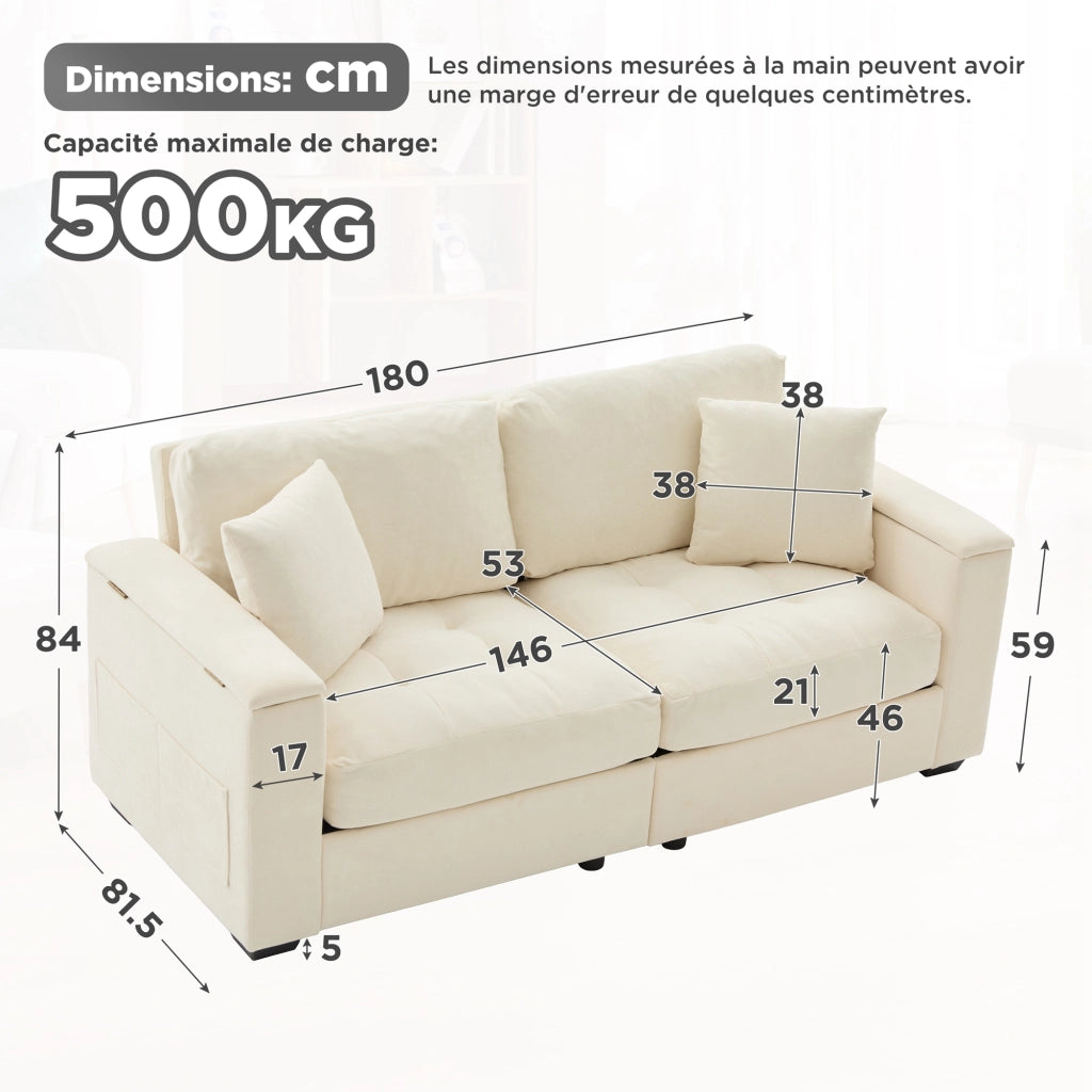 Divano lineare 2 posti con contenitore nei braccioli e tasche laterali in chenille beige