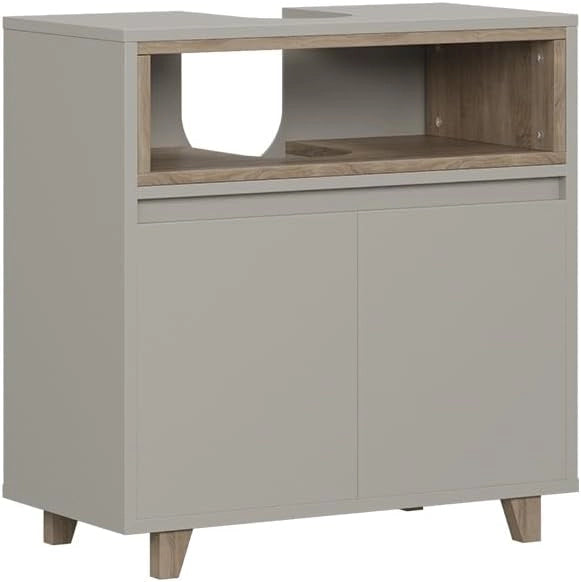 Mobiletto a specchio Elnor, Grigio, con 2 scomparti aperti e 1 anta, per la conservazione di tessili da bagno e combinabile con Elnor