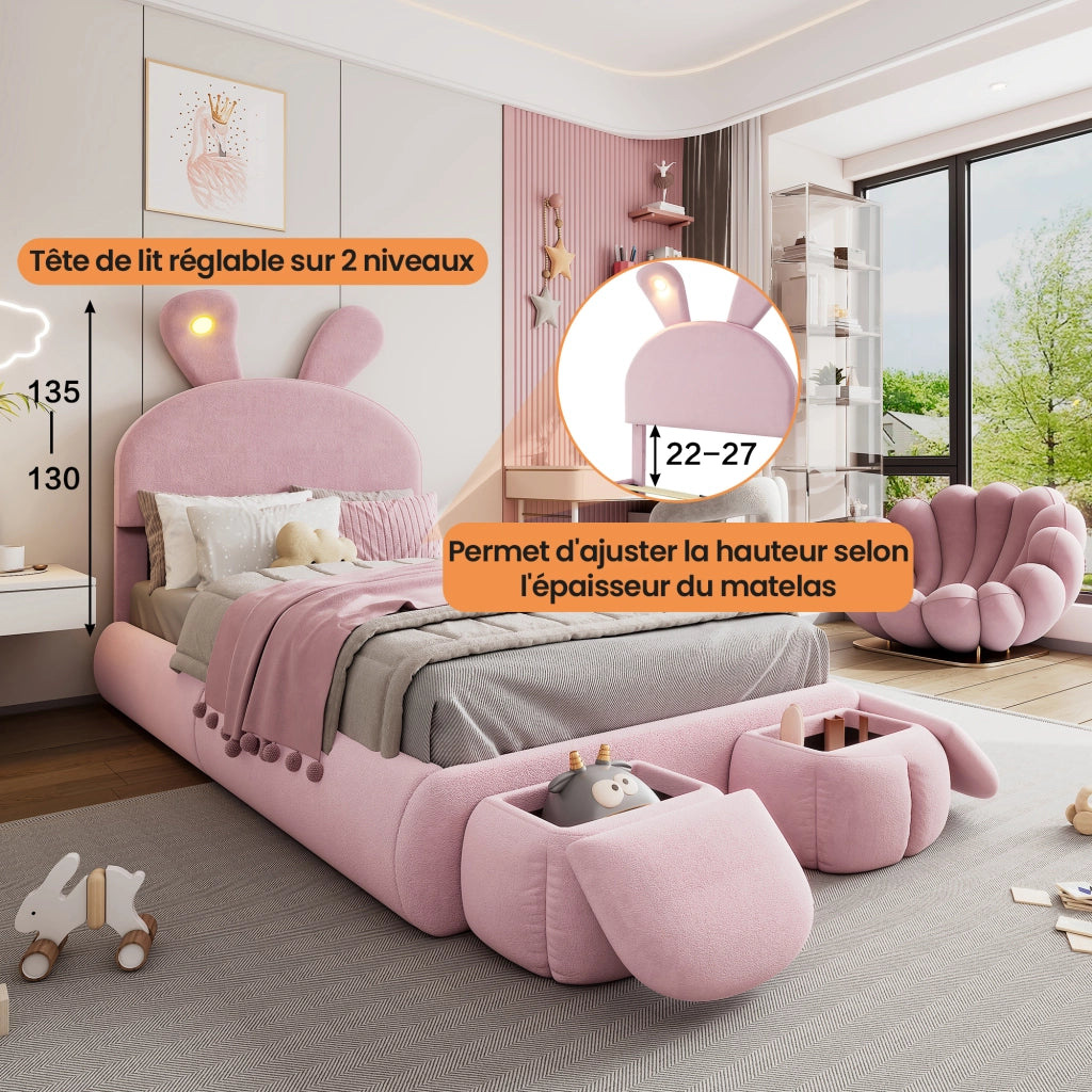Letto Singolo 90x200 cm - LED Regolabile; 2 Pouf Contenitore e Testiera Regolabile - Rosa