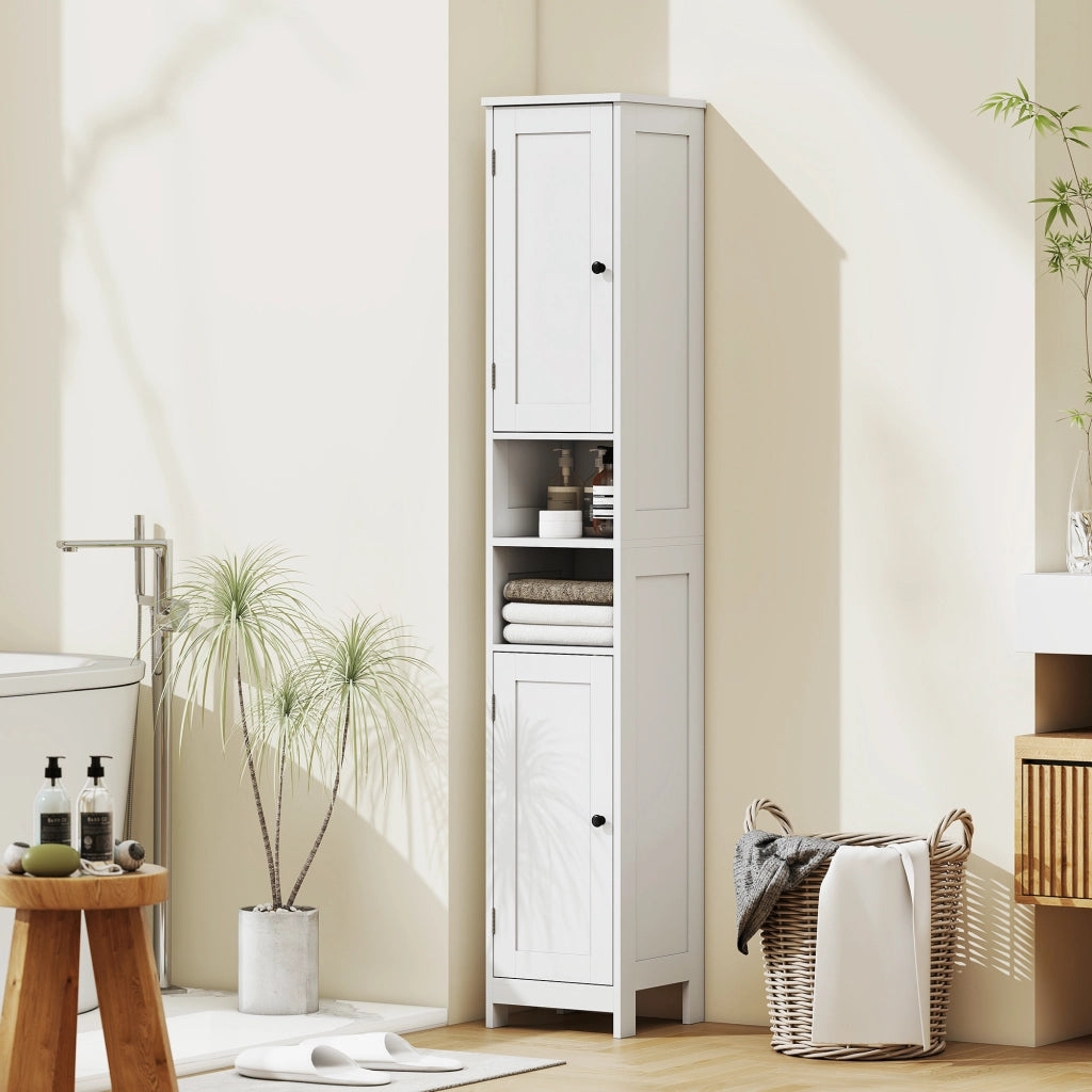 Mobile Alto Bagno con 2 Ripiani Aperti e 2 Armadietti con Scaffali Regolabili, in Legno, 30x30x170 cm, Bianco