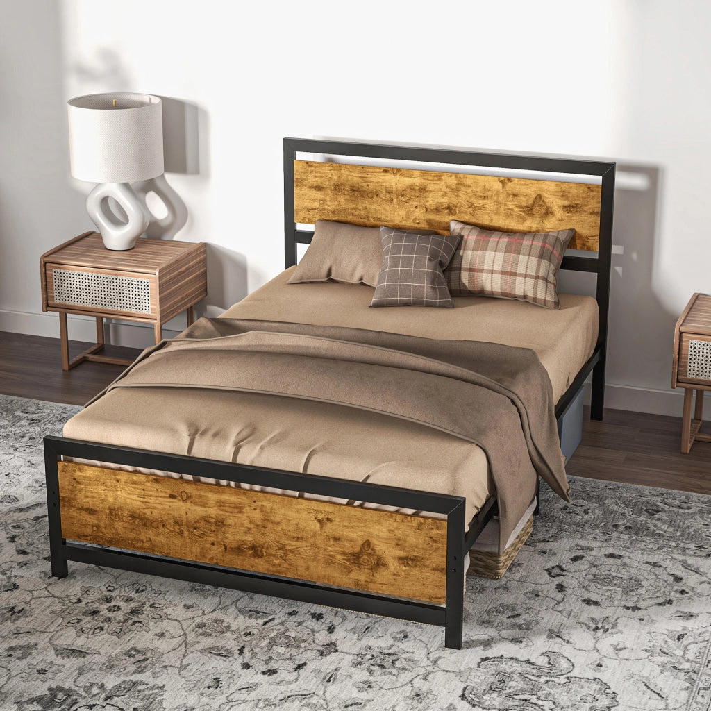 Struttura Letto Una Piazza e Mezza in Legno e Acciaio con Doghe in Stile Industriale, 140x200cm