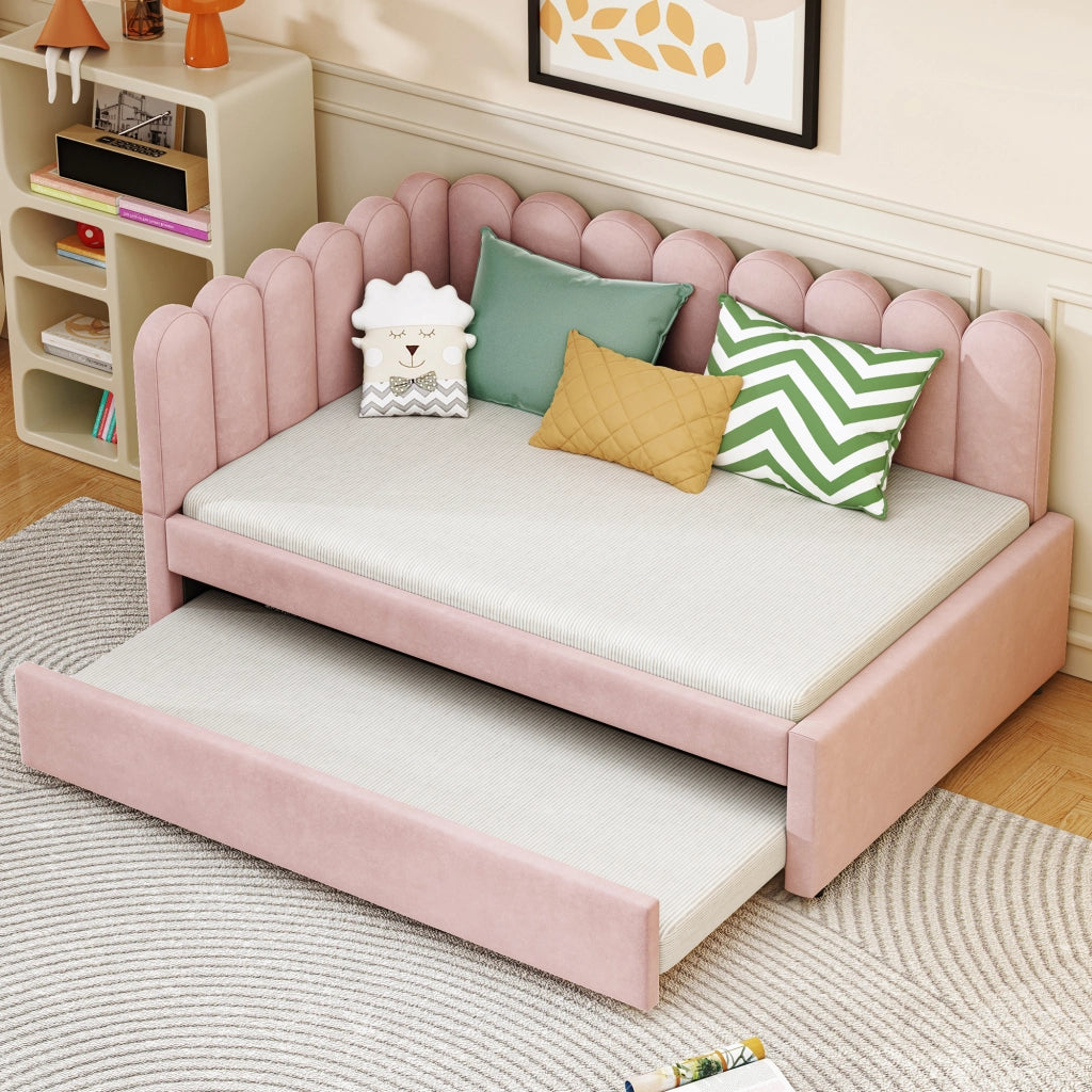 Divano letto a L con letto estraibile e schienale floreale; velluto rosa; 140x200 cm; senza materasso