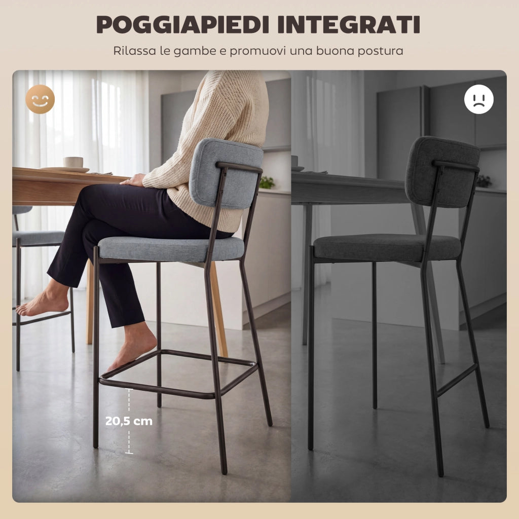 Set di 2 Sgabelli da Bar con Schienale e Poggiapiedi in Metallo e Tessuto Grigio Chiaro