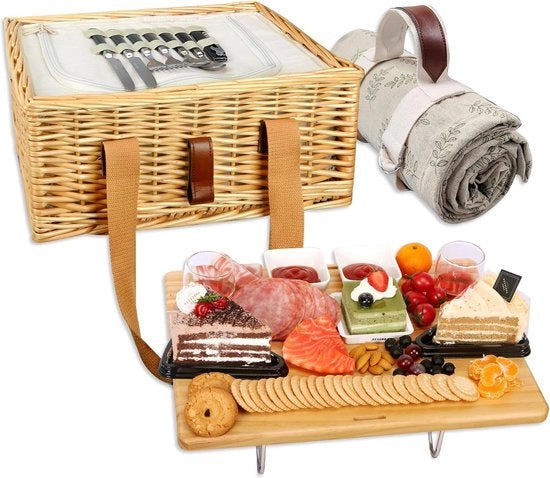 Set da Picnic con Tavola da Picnic Fissa e Tavola da Picnic Mini - Borsa da Vino Opaca e Borsa Isolante per Frutta - Set Completo di Cadeau per Coppie (Y2307-2 - 30x20x10 cm)