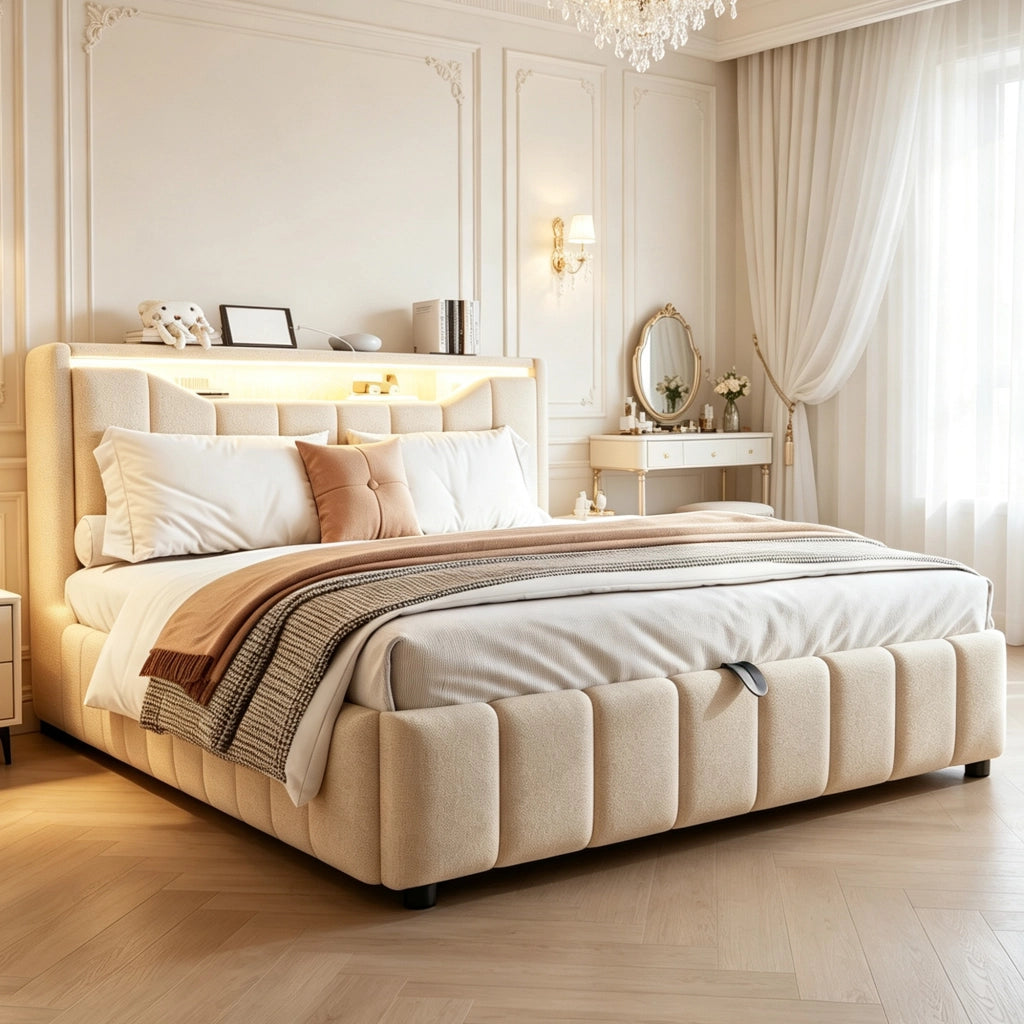 Letto contenitore 140 × 200 cm con sistema idraulico, LED, USB e USB-C, testiera con vani, senza materasso, beige