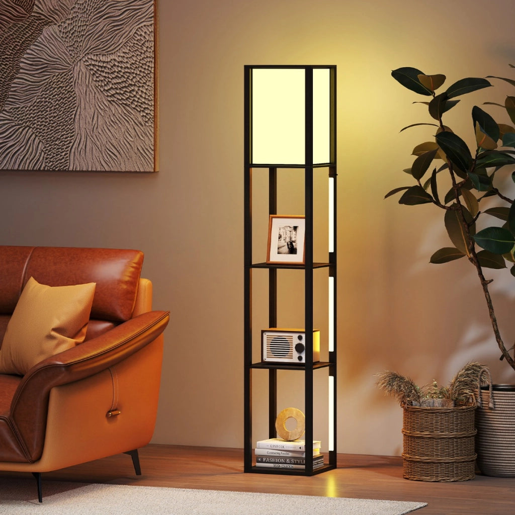 Lampada a mensola in legno con 3 strisce LED e paralume con luce e interruttore a pedale, Lampada da terra moderna con scaffali Nero-Lampade