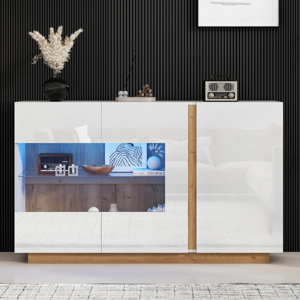 Credenza con 3 ante; luci LED RGB e finitura lucida in truciolato bianco