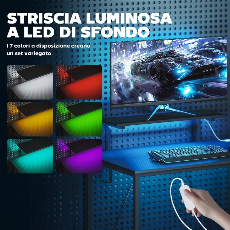 SCRIVANIA GAMING ANGOLARE CON LED, PRESE ELETTRICHE, SUPPORTO PER MONITOR E SCAFFALE, NERO