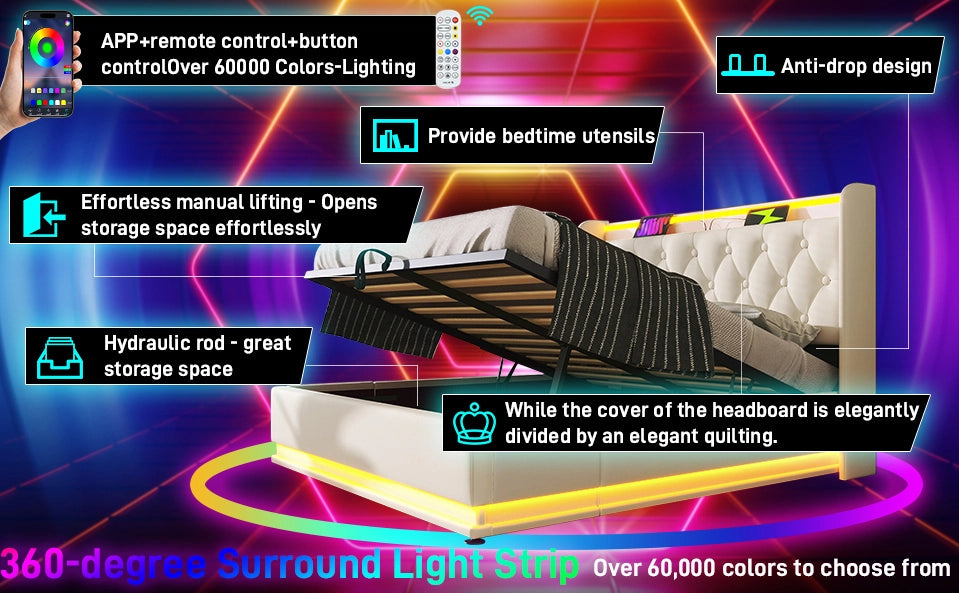 Letto matrimoniale 140x190 cm bianco con LED, USB-C e contenitore