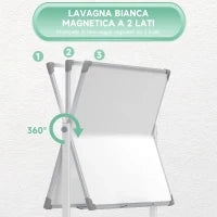 Lavagna Magnetica Bianca a 2 Facce con Accessori e 4 Ruote, in Alluminio e Acciaio, 127x50x165 cm
