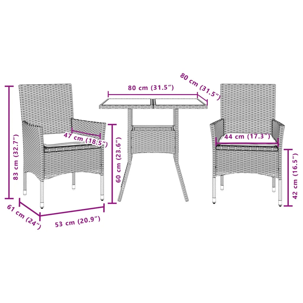 Set Pranzo da Giardino 3pz con Cuscini Polyrattan e Vetro 3278611