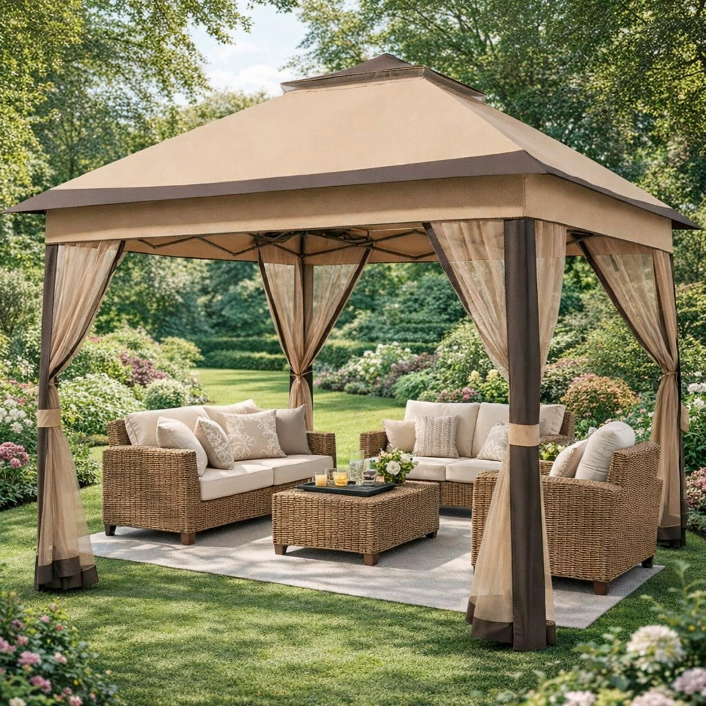 Gazebo Rapido Da Giardino Pop Up 3.33 x 3.33 Metri Altezza Regolabile Da 2.7 A 2.9 M Con Zanzariere Removibili Apertura Rapida E Borsa Trasporto Per Eventi Patio Piscina Campeggio Feste Kaki