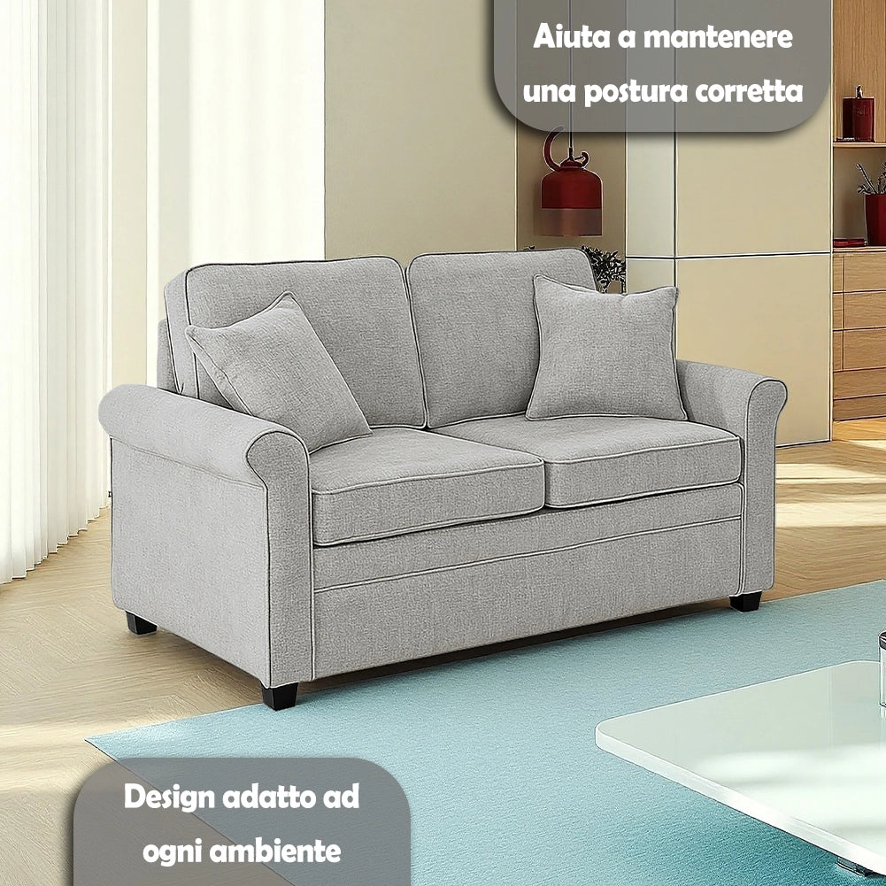Divano Letto a 2 Posti 142,5x77x86 cm con Cuscino Memory Ergonomico e Apertura Facile in Tessuto Grigio