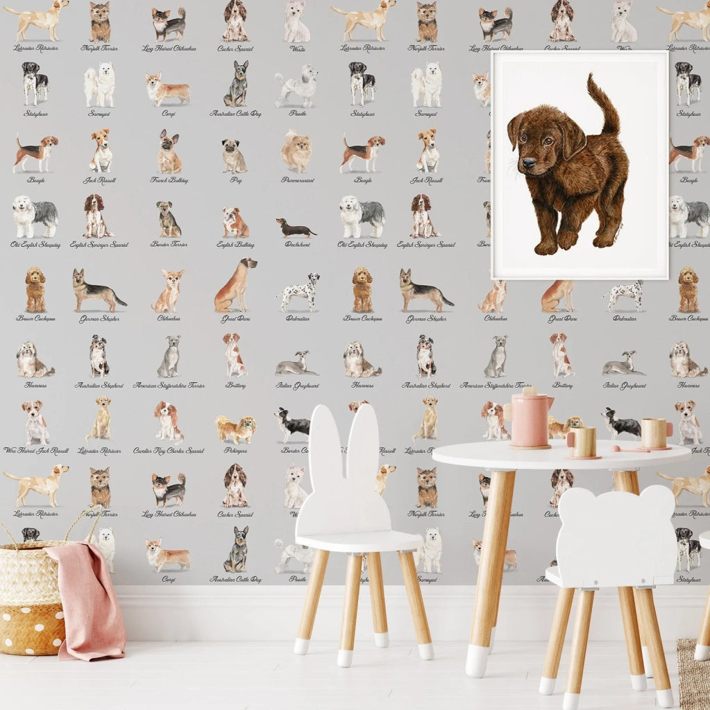 Carta da Parati Cani Sfondo Grigio Carta Vegana 250x200cm 5,5mq