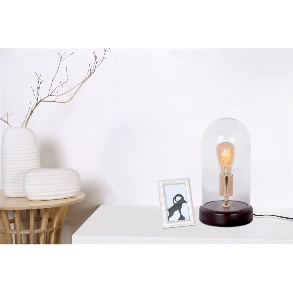 Lampada da tavolo Ceti in vetro trasparente a cupola con base in legno