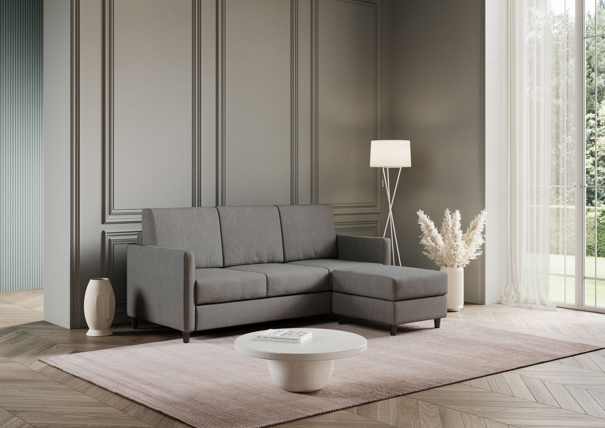 Divano 3 Posti con Pouf 198x155x85 cm Karay in Tessuto Grigio