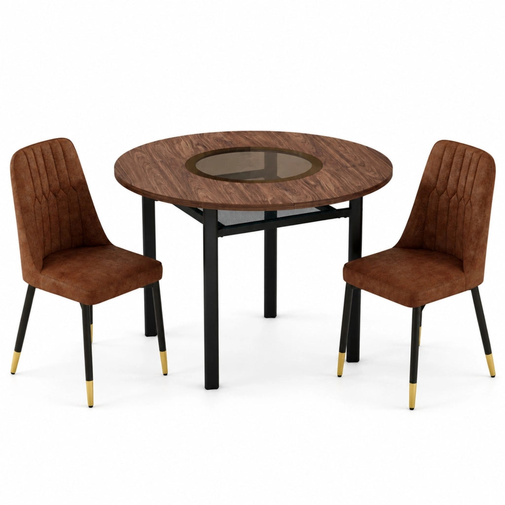 Set tavolo da pranzo e sedie con 1 tavolo rotondo e 2 poltrone; ripiano in vetro; in tessuto MDF e metallo marrone e nero