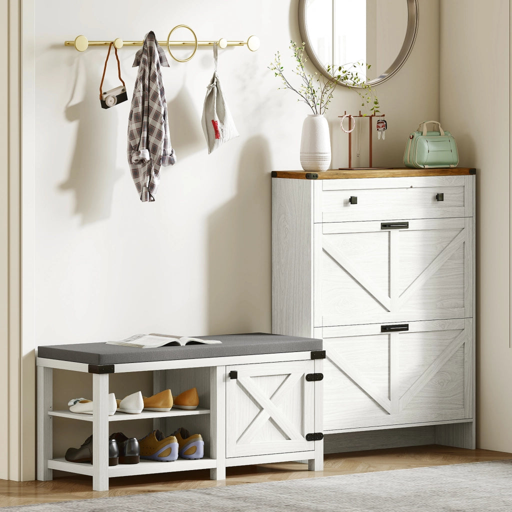 Scarpiera con Seduta ¨C zephmum ¨C Bianco Grigio 100x40x48 cm