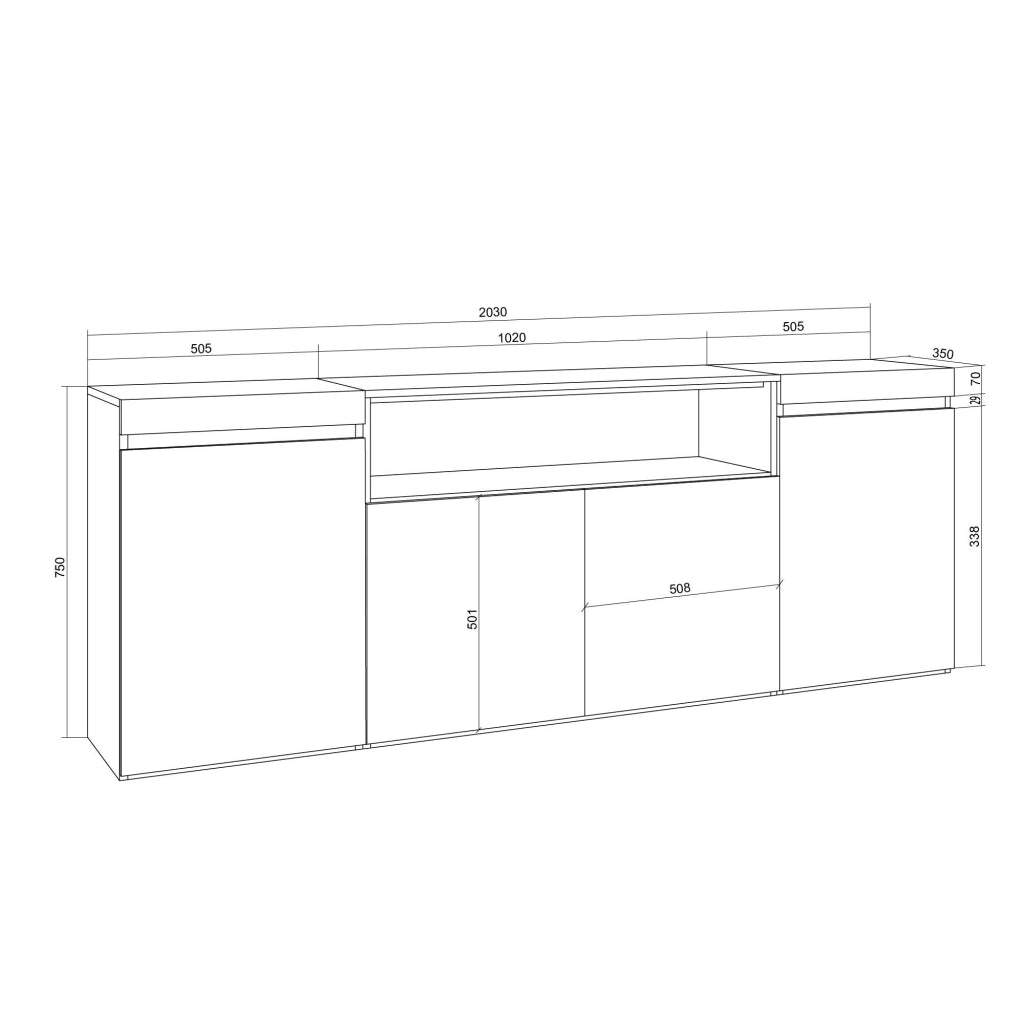 Credenza, Mobile, Cucina, 200x75x35cm, 4 Porte, grande stoccaggio, Rovere soft e bianco