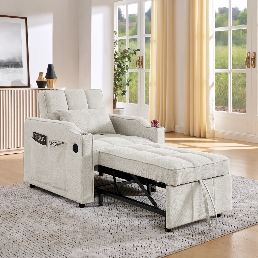 Divano letto 3 in 1 - con schienale regolabile; porta USB e porta bicchieri - in legno e tessuto - beige
