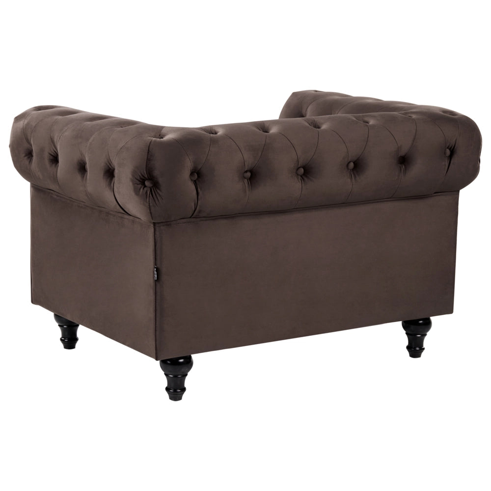Set soggiorno Chesterfield Rivestimento in velluto marrone scuro Gambe nere Divano a 3 posti + poltrona