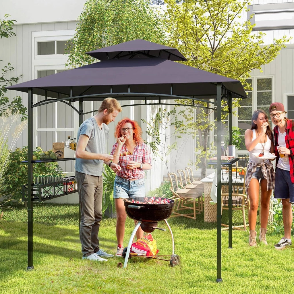 Gazebo per Barbecue, Pergola per BBQ con 2 Ripiani Laterali, Cestino, Ganci Appendiutensili, Apribottiglie, Copertura a 2 Livelli, per Giardino e Cortile, 242 x 153 x 250 cm (Grigio Scuro)